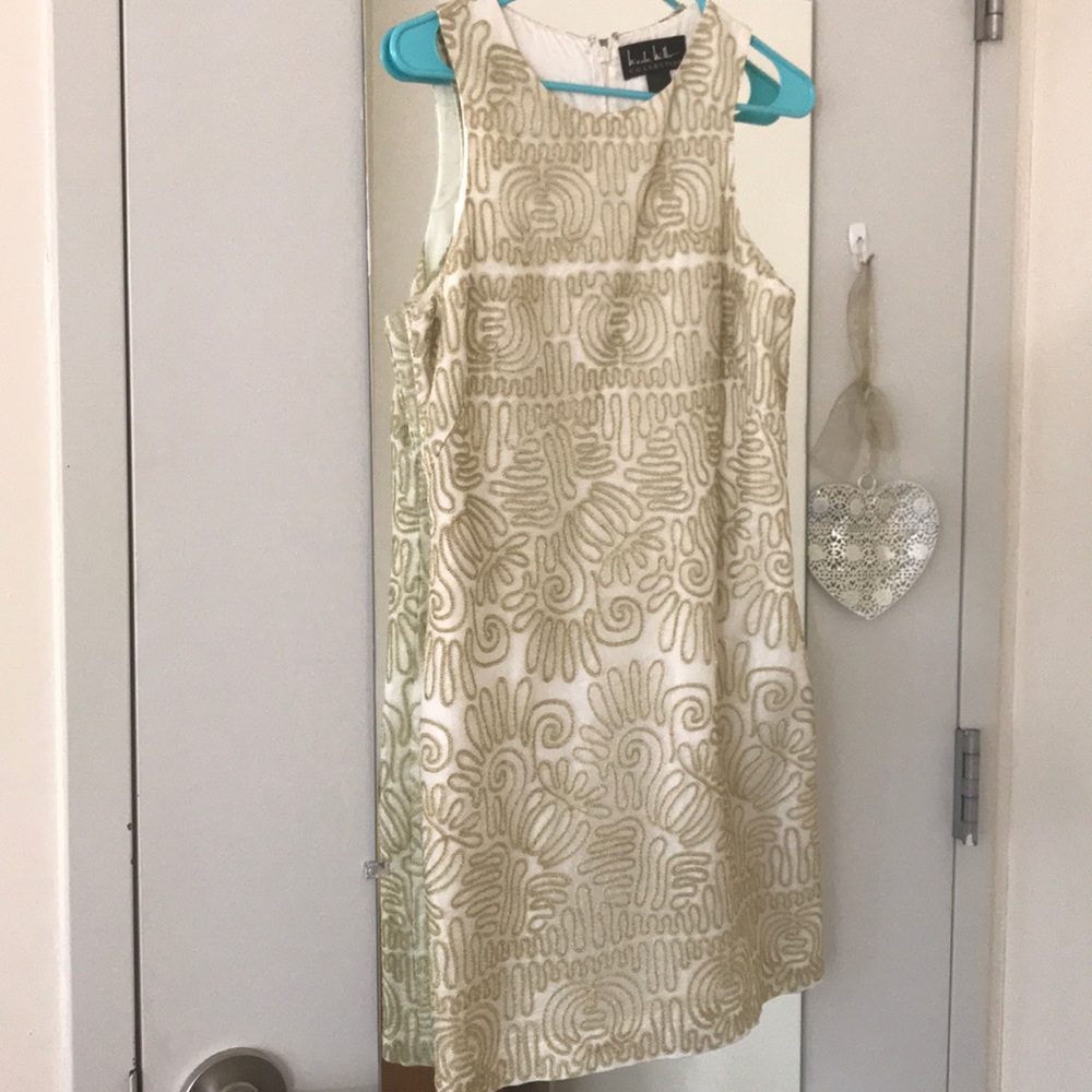 Nicole Miller White and Gold Embroidered Dress 10